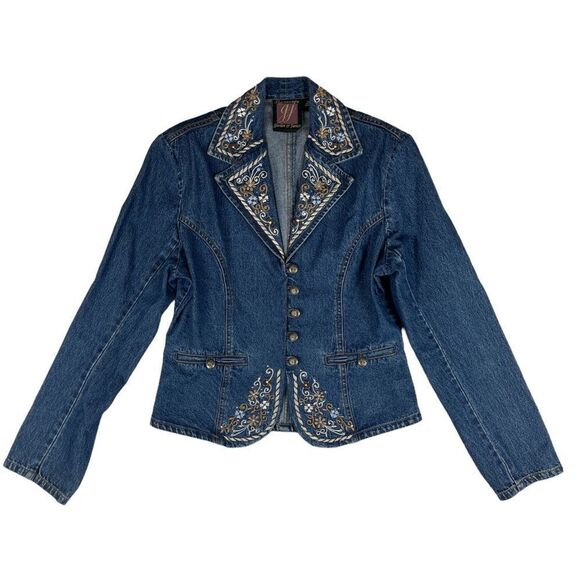 Vintage Signature Gordon & James Blue Denim Blazer Embroidered Lapels Women's M - Picture 1 of 9